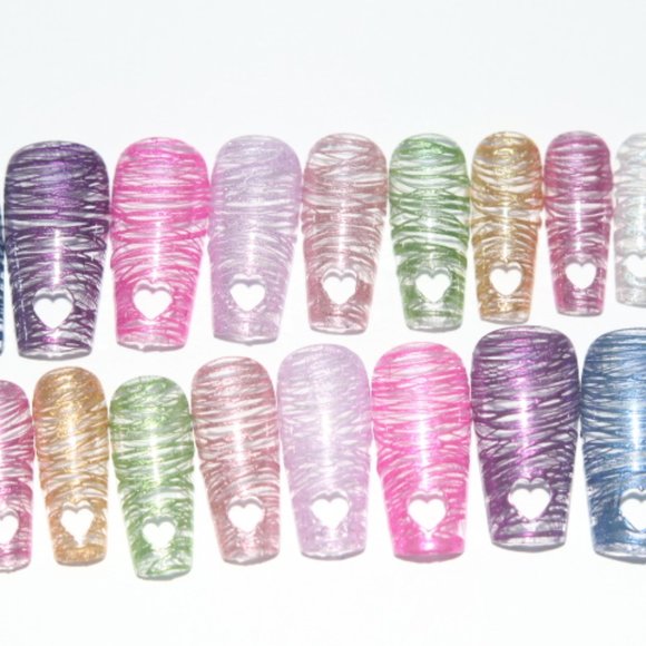 Chrome Rainbow with Heart tips- press on nail set - Picture 3 of 6